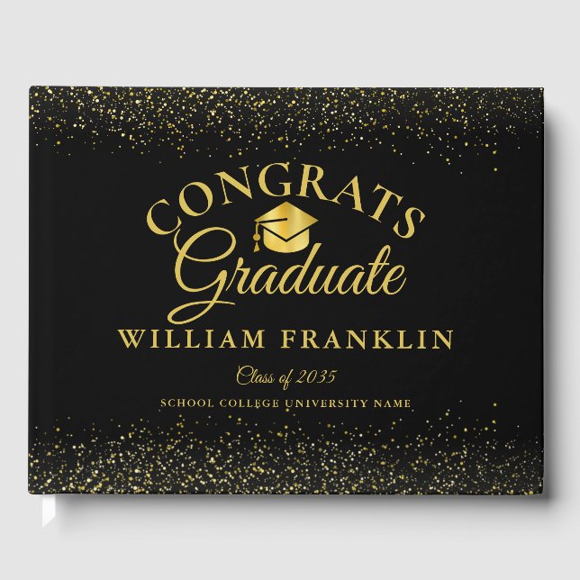 Personalized Black And Gold Modern Graduation Guest Book (Front)