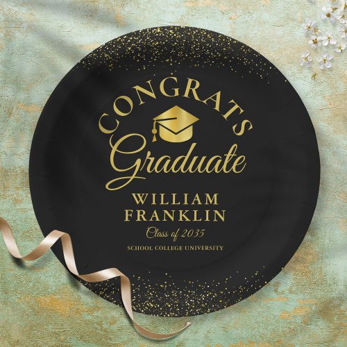 Personalized Black And Gold Modern Graduation Paper Plates