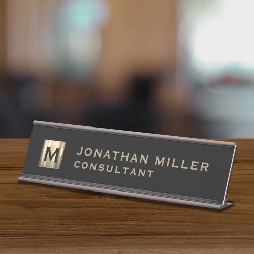 Personalized Black and Gold Monogram Desk Name Plate