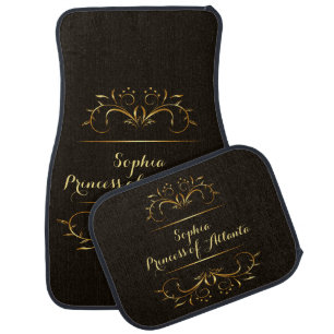Personalized Black and Gold Ornate Car Floor Mat