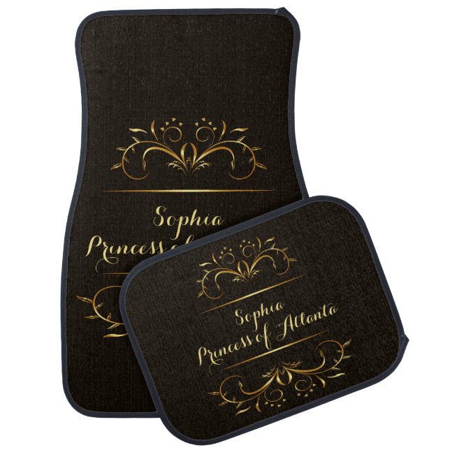 Personalized Black and Gold Ornate Car Floor Mat (Set)