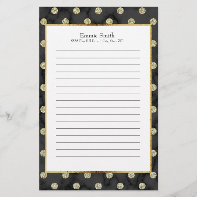 Personalized Black and Gold Polka Dot Stationery (Front)