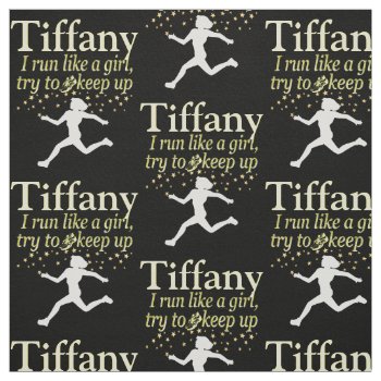 Personalized Black And Gold Runner Girl Fabric by MySportsStar at Zazzle