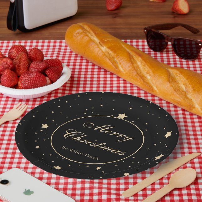 Personalized Black and Gold Starry Night Christmas Paper Plates (Picnic)