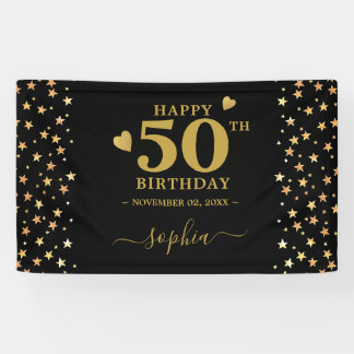 Personalized Black And Gold Stars 50th Birthday Banner
