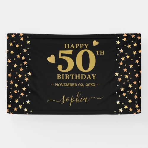 Personalized Black And Gold Stars 50th Birthday Banner
