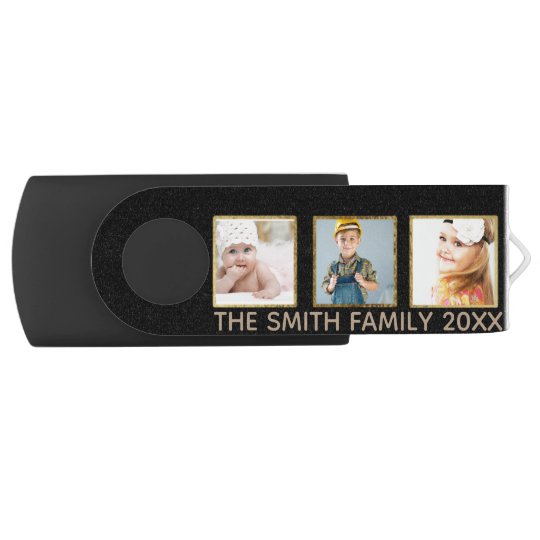 Personalized Black and Gold Three Photo Frame USB Flash Drive
