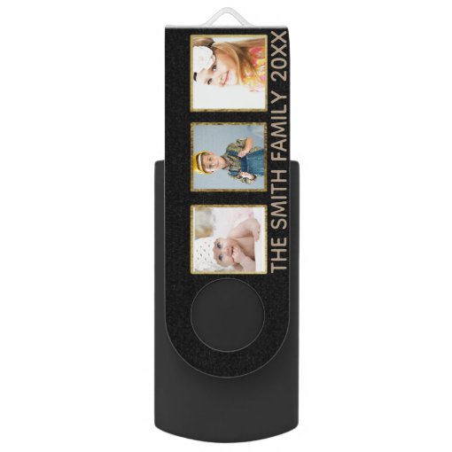 Personalized Black and Gold Three Photo Frame USB Flash Drive Zazzle