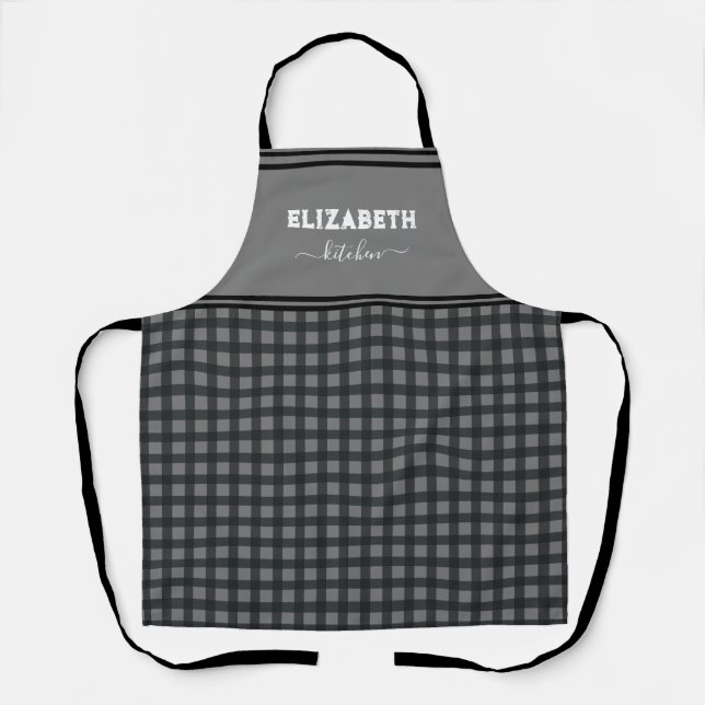 Personalized Black and gray Buffalo Plaid Kitchen Apron (Front)