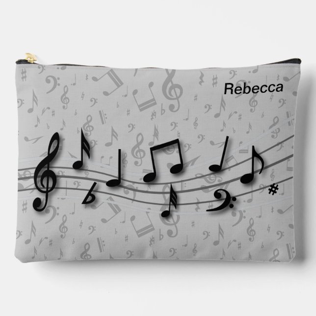 Personalized Black and Gray Music Notes Accessory Pouch (Front)