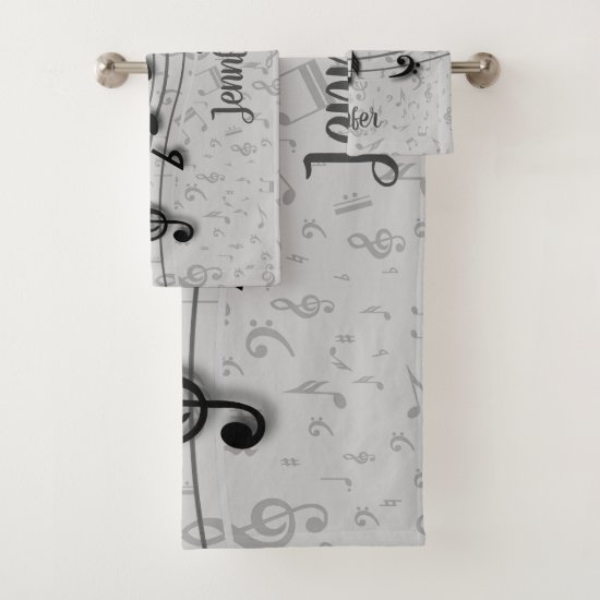 Personalized Black and Gray Music Notes Bath Towel Set