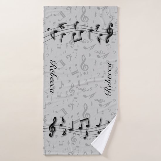 Personalized black and gray musical notes bath towel set