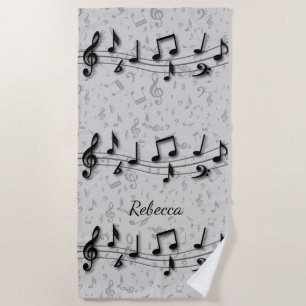 Personalized black and gray musical notes beach towel