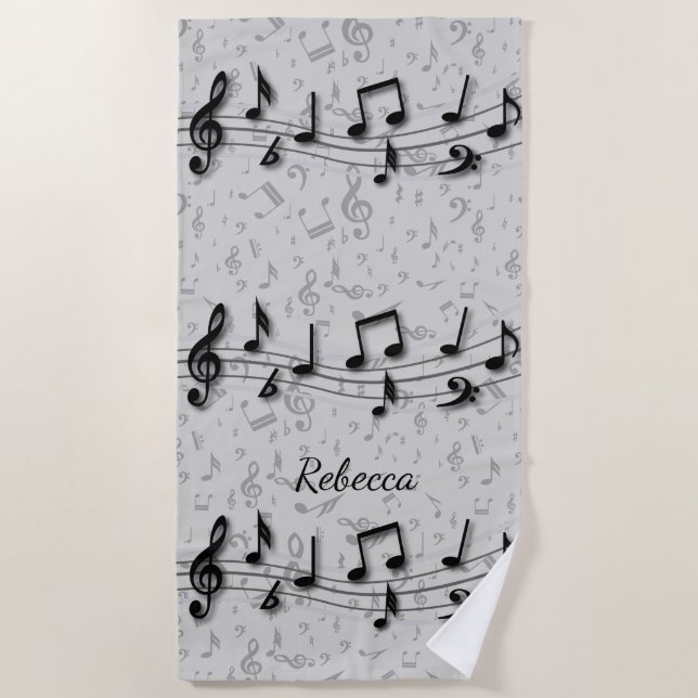 Personalized black and gray musical notes beach towel (Front)