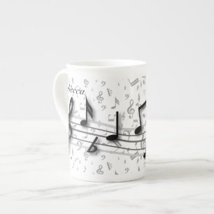 Personalized black and gray musical notes bone china mug