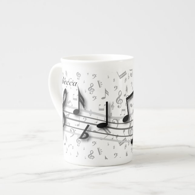 Personalized black and gray musical notes bone china mug (Front Left)