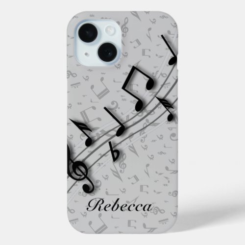 Personalized black and gray musical notes iPhone 15 case