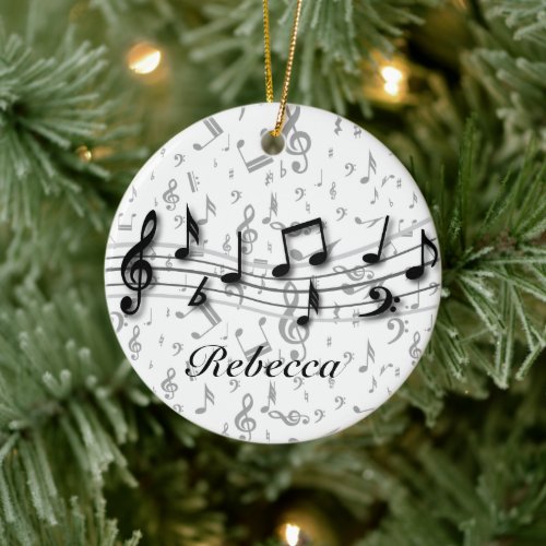 Personalized Black and Gray Musical Notes Ceramic Ornament