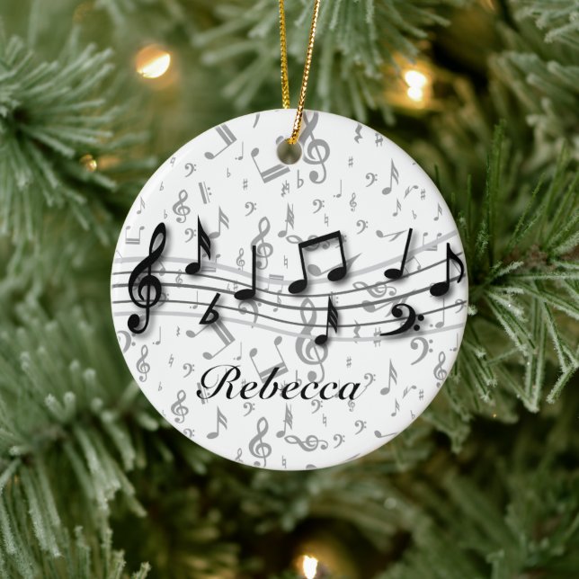 Personalized Black and Gray Musical Notes Ceramic Ornament (Tree)