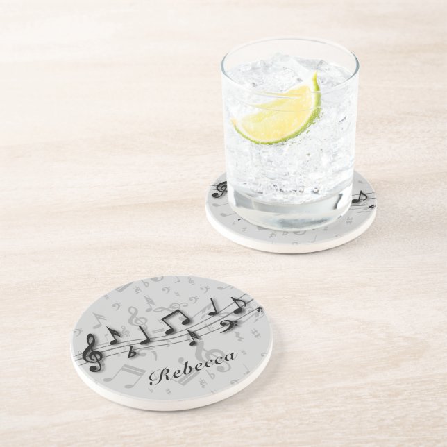 Personalized black and gray musical notes drink coaster (Side)