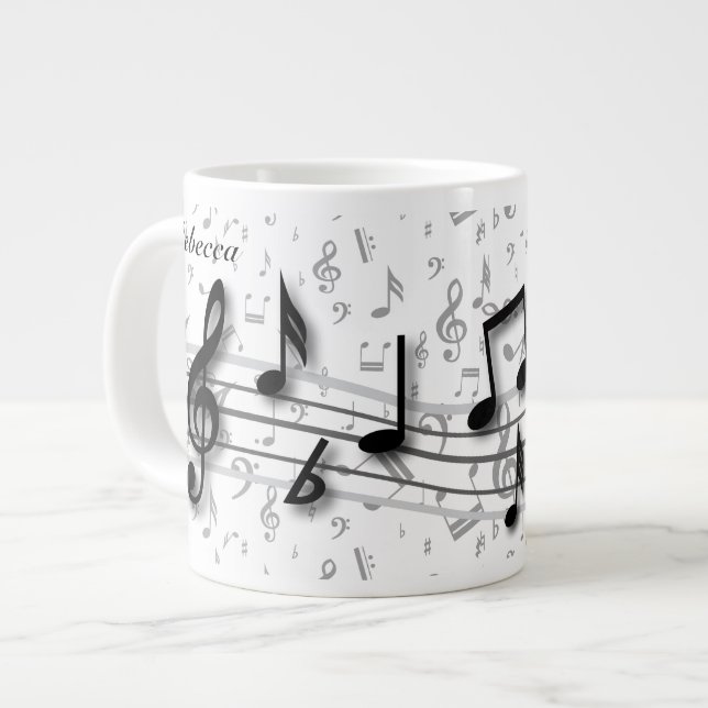 Personalized black and gray musical notes giant coffee mug (Front Left)
