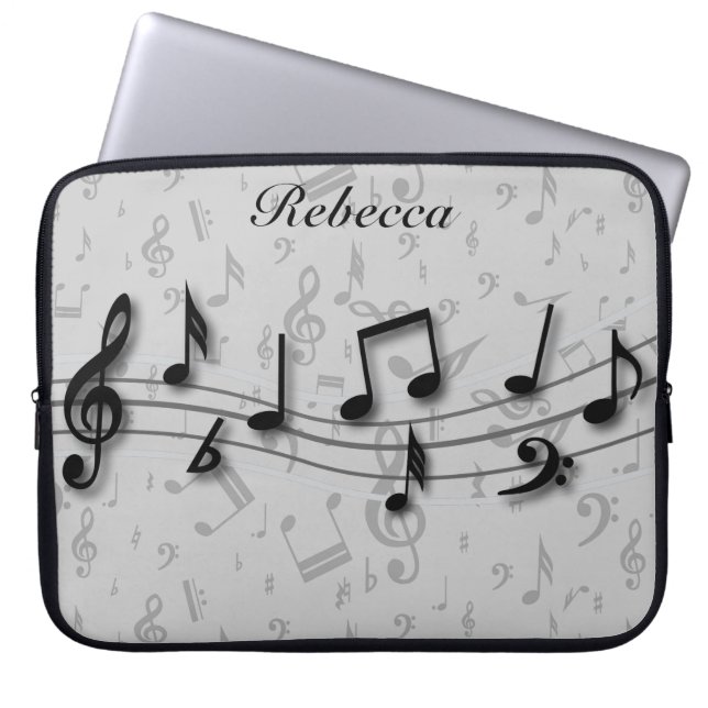 Personalized Black and Gray Musical Notes Laptop Sleeve (Front)