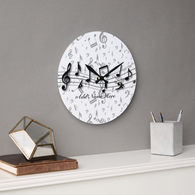 Personalized Black and Gray Musical Notes Large Clock (Office)