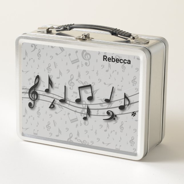 Personalized black and gray musical notes metal lunch box (Front)