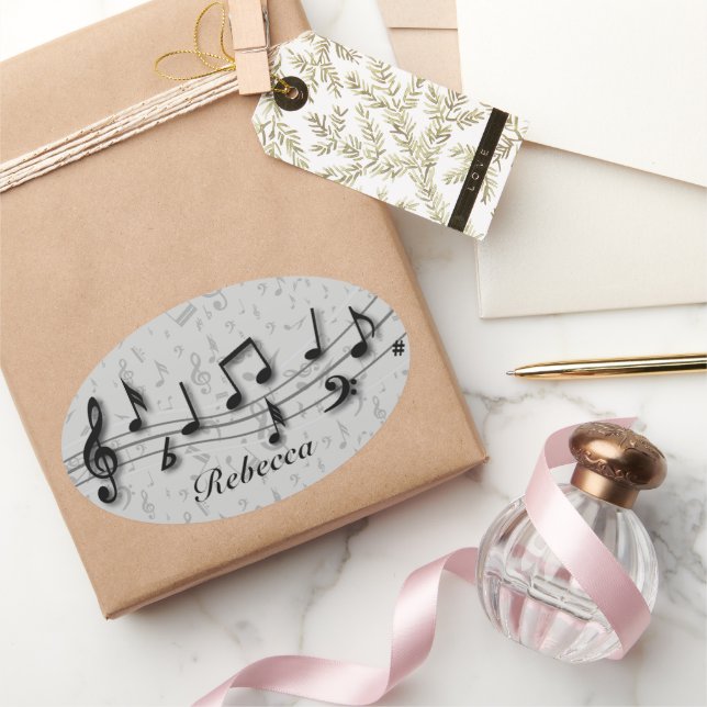 Personalized Black and Gray Musical Notes Oval Sticker (Gifting)