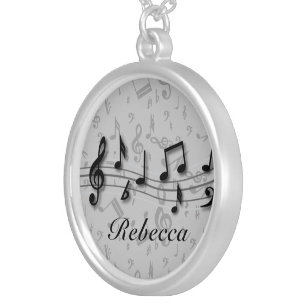 Personalized black and gray musical notes silver plated necklace