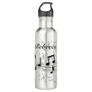 Personalized black and gray musical notes stainless steel water bottle
