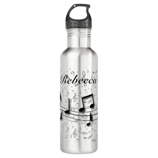 Personalized black and gray musical notes stainless steel water bottle