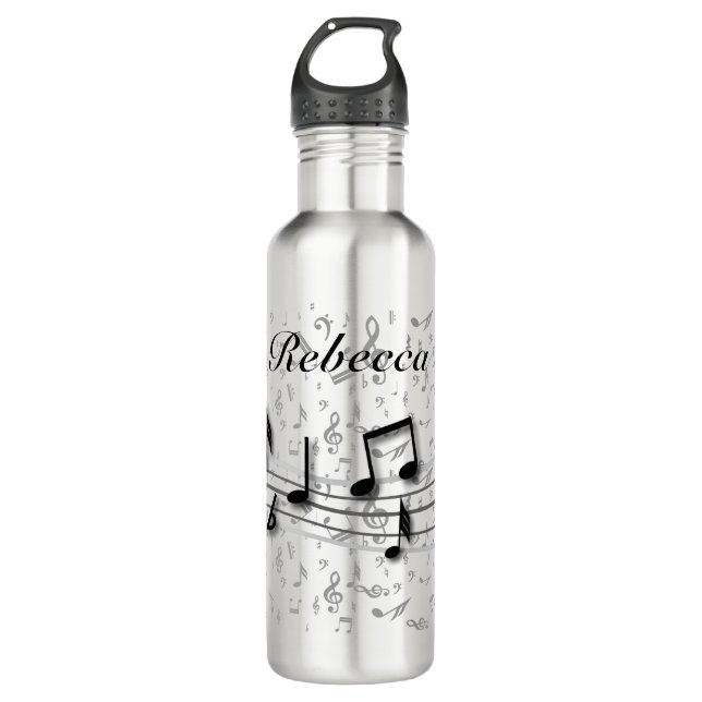 Personalized black and gray musical notes stainless steel water bottle (Front)