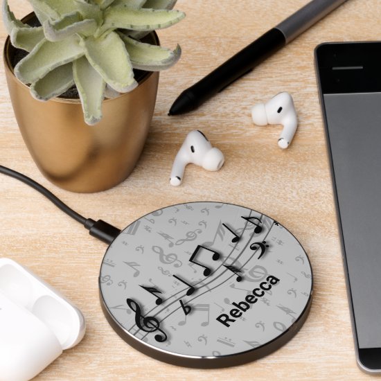 Personalized black and gray musical notes wireless charger 