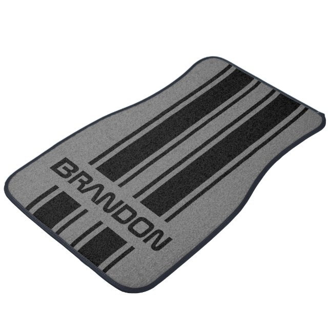 Personalized Black And Gray Racing Stripe Car Floor Mat (Angled)