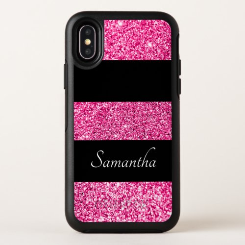 Personalized Black and Hot Pink Glitter Stripes OtterBox Symmetry iPhone XS Case