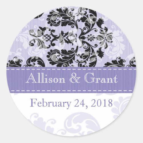 Personalized Black and Lavender Damask Wedding Sea Classic Round Sticker