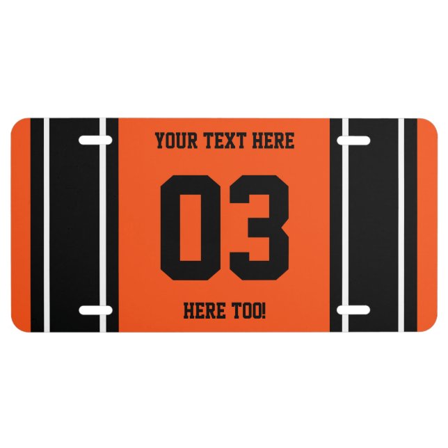 Personalized Black and Orange Sports Stripes License Plate (Front)