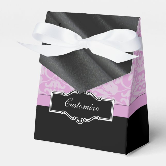 Personalized Black and Pink Damask Favor Box (Front Side)