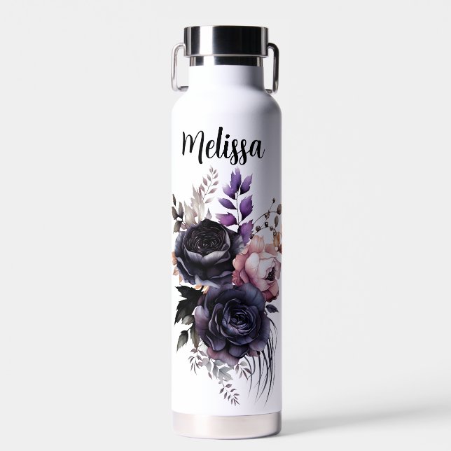 Personalized black and pink floral water bottle (Front)