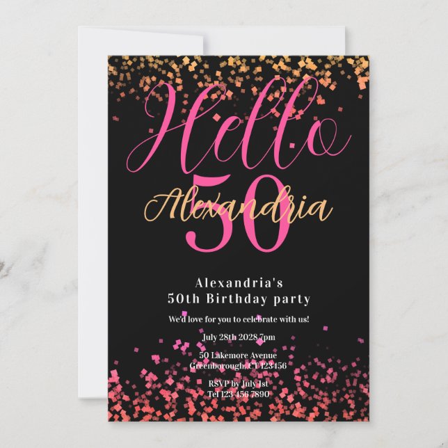 Personalized Black and Pink Glitter 50th Birthday Invitation (Front)