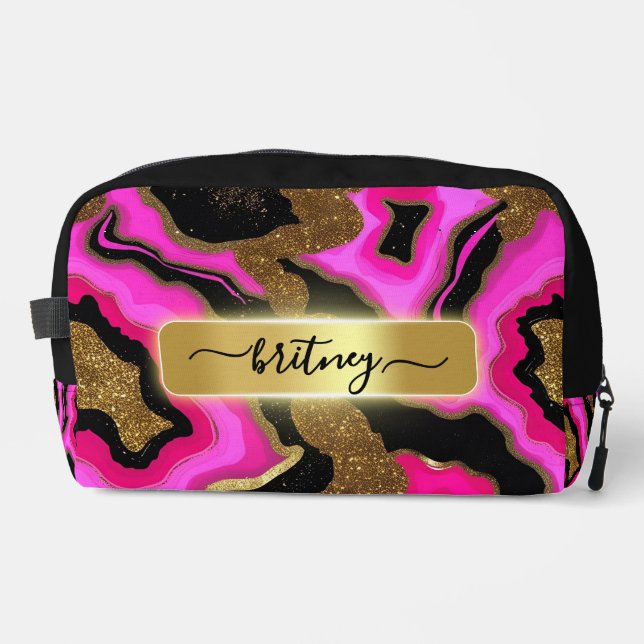 Personalized Black and pink Gold Agate monogrammed Dopp Kit (Front)