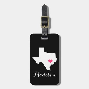 Personalized Black And Pink Heart Texas Home State Luggage Tag by cardeddesigns at Zazzle