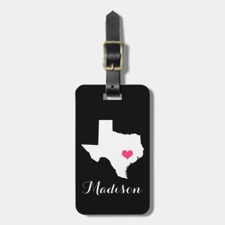 Personalized Black And Pink Heart Texas Home State Luggage Tag