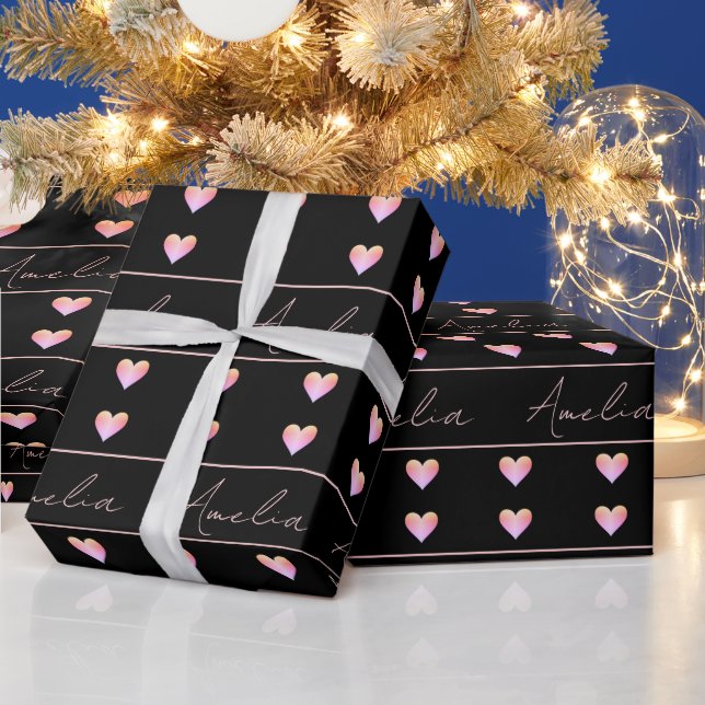 Personalized Black and Pink Hearts Wrapping Paper (Holidays)