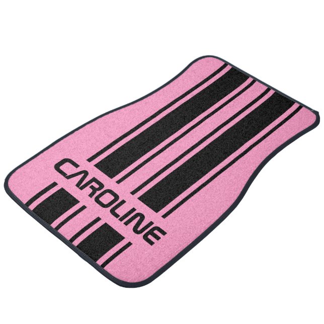 Personalized Black And Pink Racing Stripe Car Floor Mat (Angled)