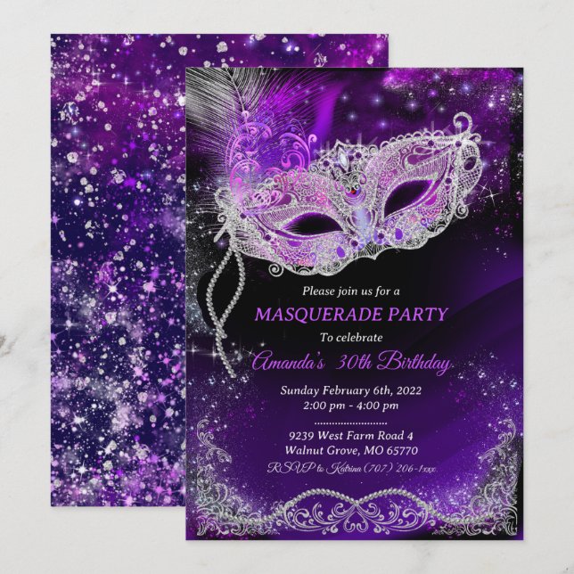 Personalized Black and Purple Birthday Masquerade  Invitation (Front/Back)