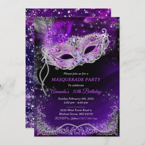 Personalized Black and Purple Birthday Masquerade  Invitation