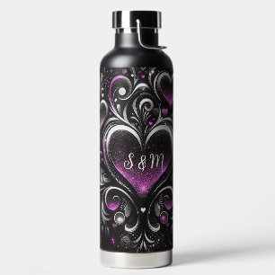 Personalized Black and purple glitter hearts  Water Bottle