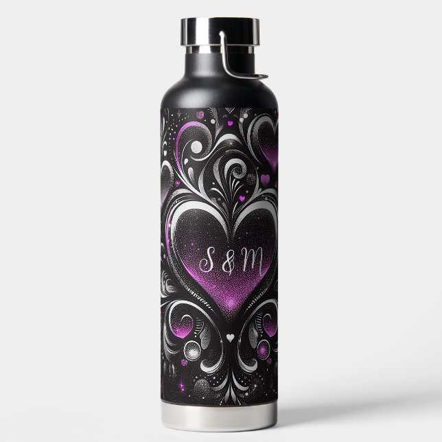 Personalized Black and purple glitter hearts  Water Bottle (Left)